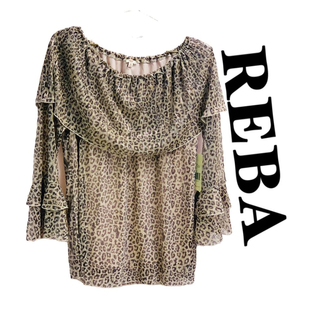 Reba Holiday Gala Animal Print Metallic Off Should Shirt Womens Size M
